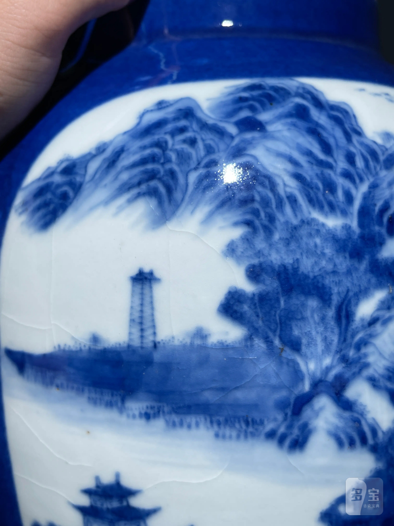 清晚期 洒蓝开光青花山水纹盖罐 - 图5